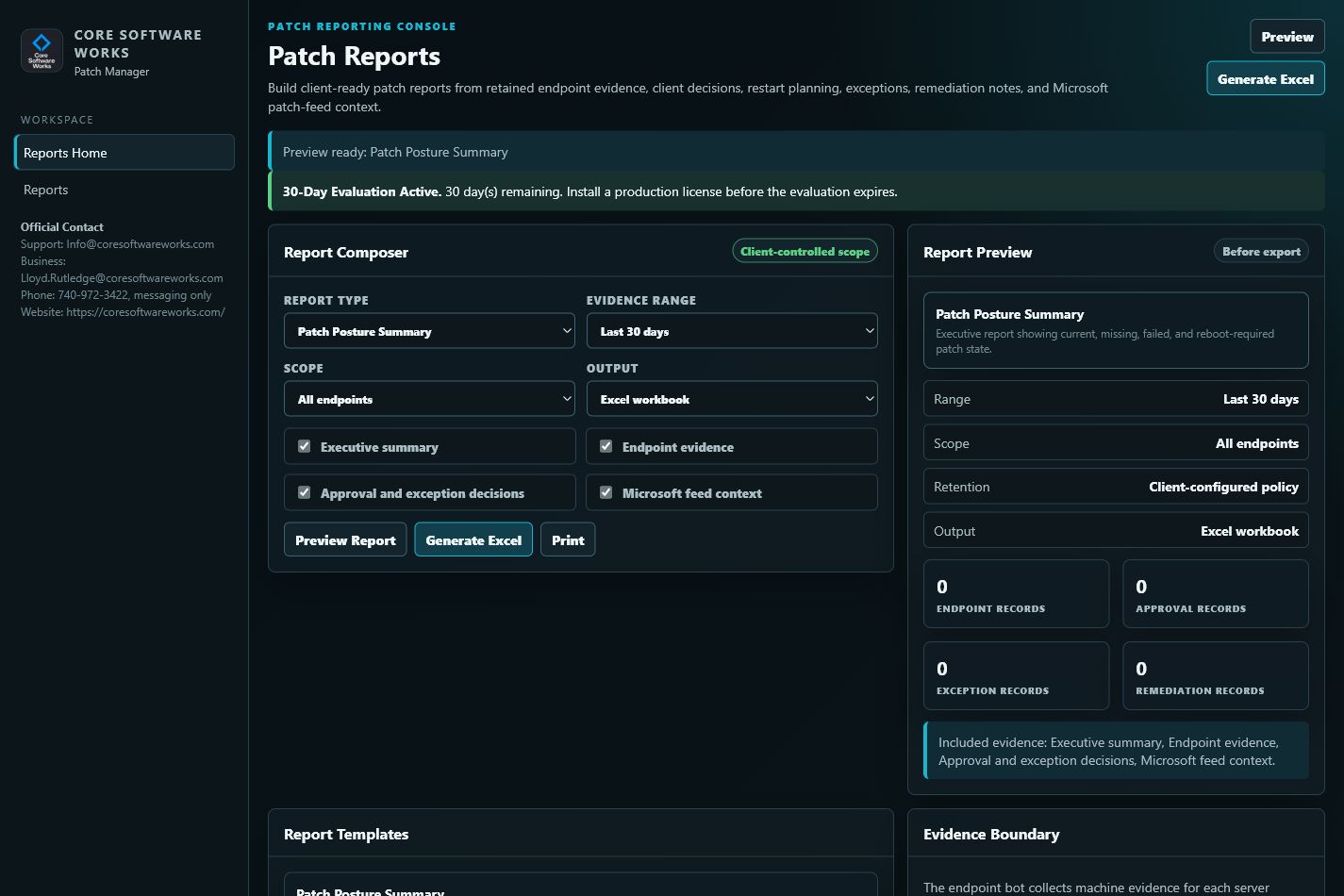 Core Patch Manager report composer with evidence range, scope, output controls, and report preview.